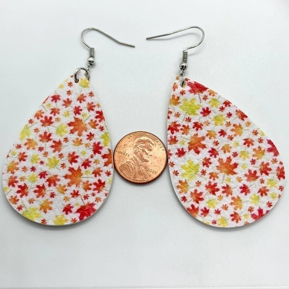 Faux Leather Teardrop Red and Yellow Leaf Print Earrings - Picture 4 of 5
